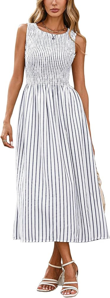 YEXPINE Women's Striped Smocked Sundress Sleeveless Swing A Line Beach Midi Dress with Pockets | Amazon (US)