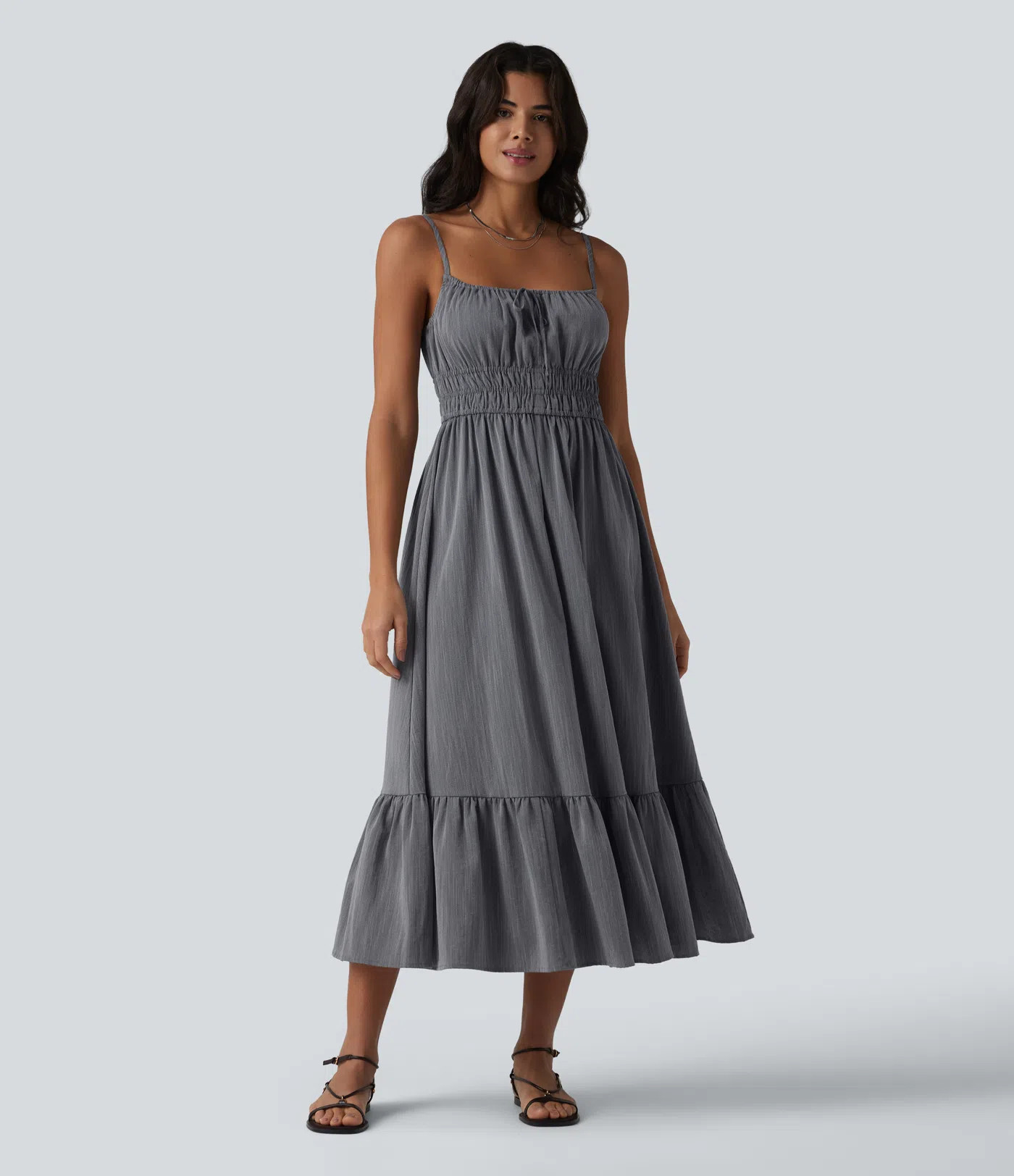 Women’s Tie Front Flowy Midi Casual Linen-Feel Slip Dress - Halara | HALARA
