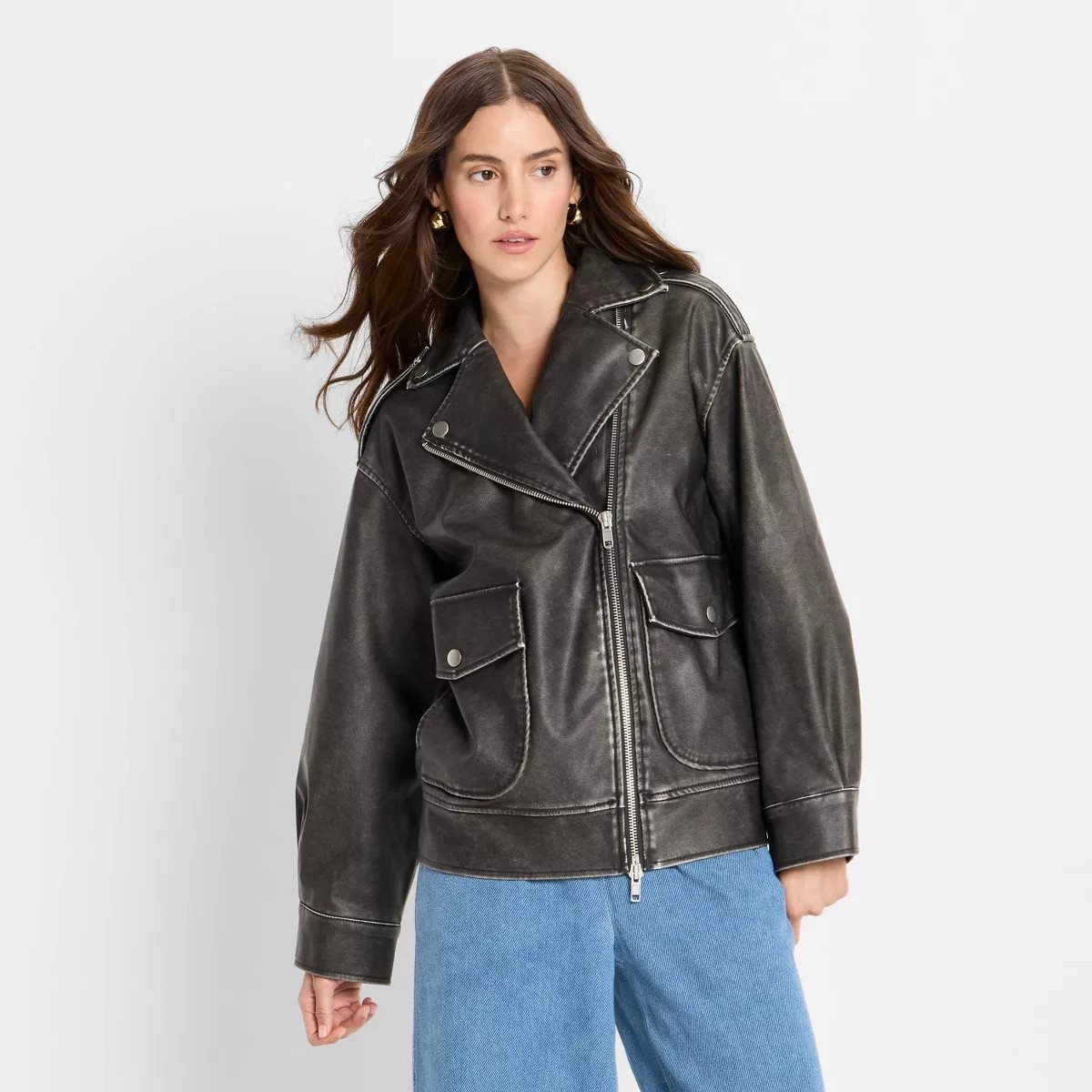 Women's Relaxed Leather Moto Jacket - Future Collective Black | Target