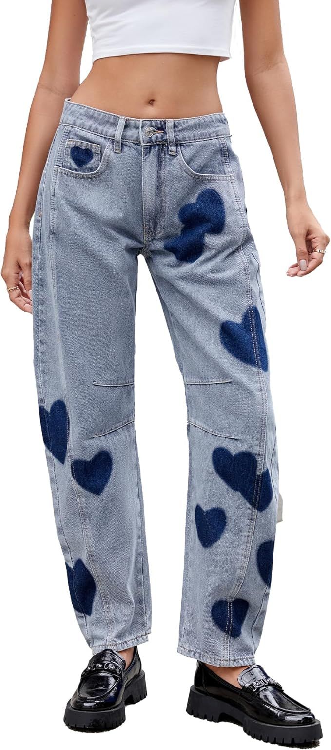 LifeShe Women's Wide Leg Baggy Jeans Low Waist Heart Barrel Jean Loose Boyfriend Denim Pants | Amazon (US)