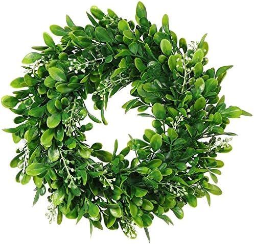 Artificial Green Leaves Wreath - 11 inch Artificial Boxwood Wreaths with White Flower for Window ... | Amazon (US)
