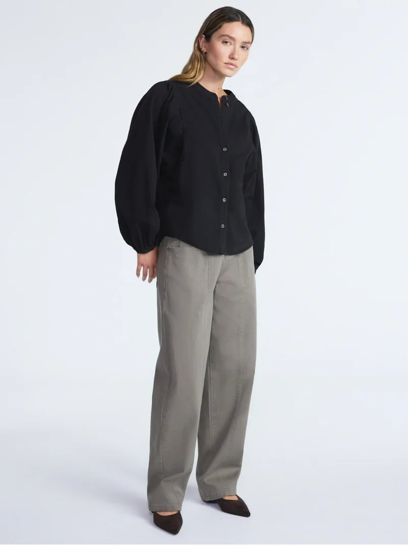 Scoop Women's Cotton Denim Shirt with Blouson Sleeves, Sizes XS-XXL - Walmart.com | Walmart (US)
