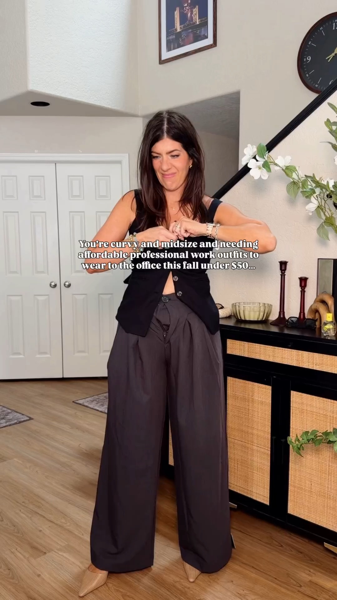 Workwear under $50
In order:
Black dress: medium
Green cardigan- medium; green sided skirt- medium
Suit set- large; satin top- medium
Satin top- medium; gray skirt- medium
Black trouser-large long
Tie waist top-medium
Brown belted skirt - large