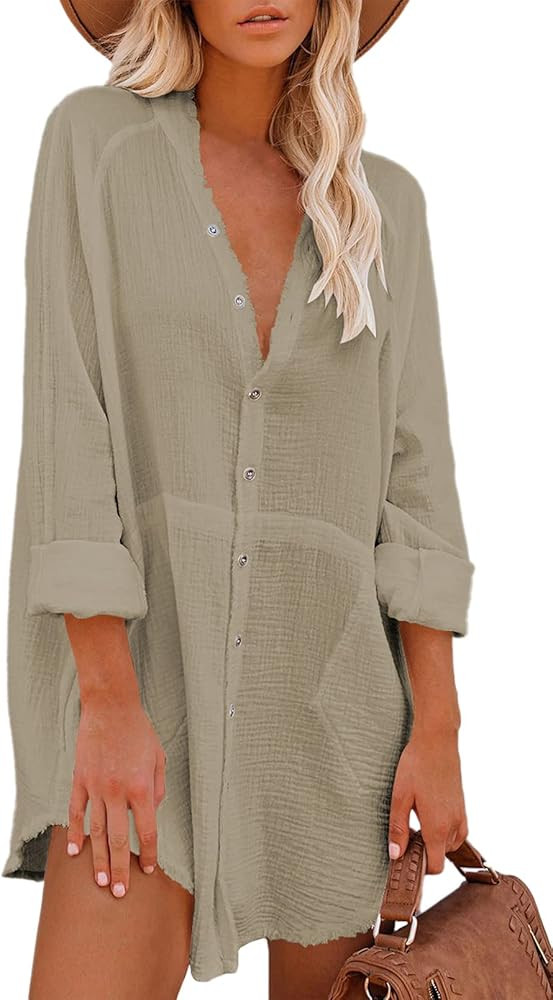 Pink Queen Women's V Neck Long Sleeve Button Down Blouse Tunic Shirt Mini Dress with Pockets | Amazon (US)