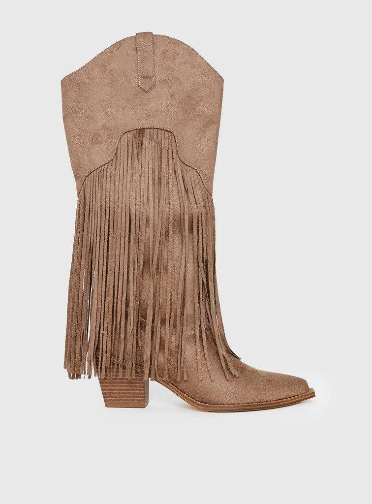 Like An Angel Faux Suede Tassel Knee High Boots Tan | Princess Polly US