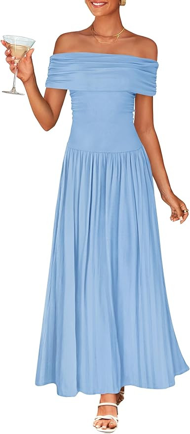 ZESICA Women's Off The Shoulder Maxi Dress 2025 Summer Sleeveless Casual Slim Swing Pleated Forma... | Amazon (US)