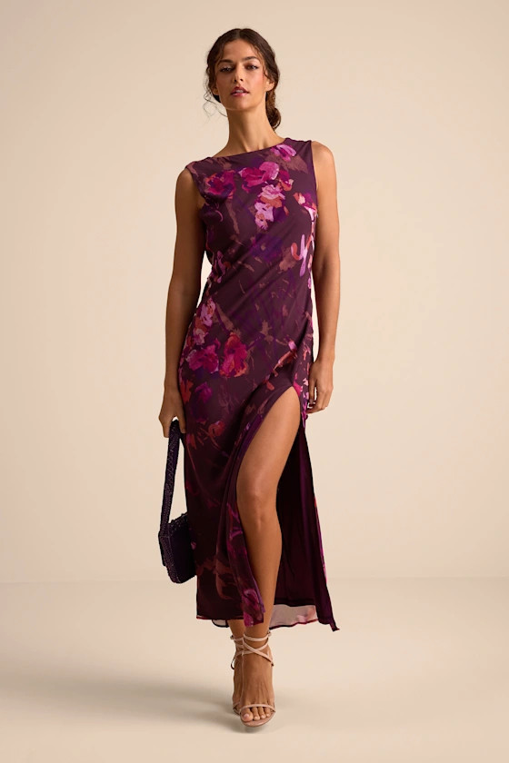 Yaneli Plum Floral Boat Neck Cowl Back Maxi Dress | Lulus