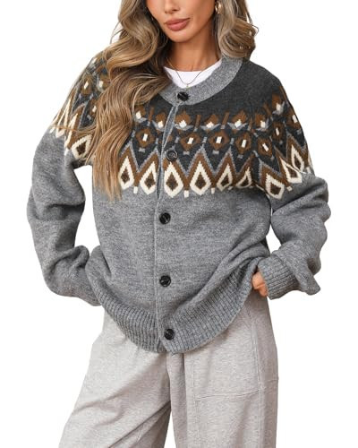 Women's Chunky Sweater Cardigan Crew Neck Long Sleeve Button Fron Fair Isle Christmas Sweater Coats Grey | Amazon (US)
