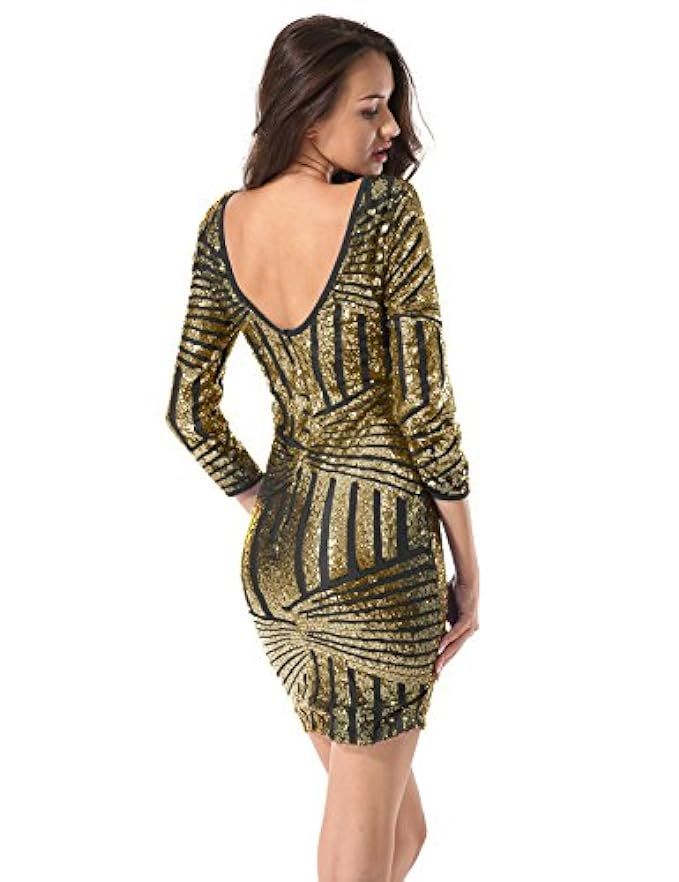 Hiistandd Women Sequin Glitter Long Sleeve Round Neck Backless Bodycon Stretchy Party Dress | Amazon (US)