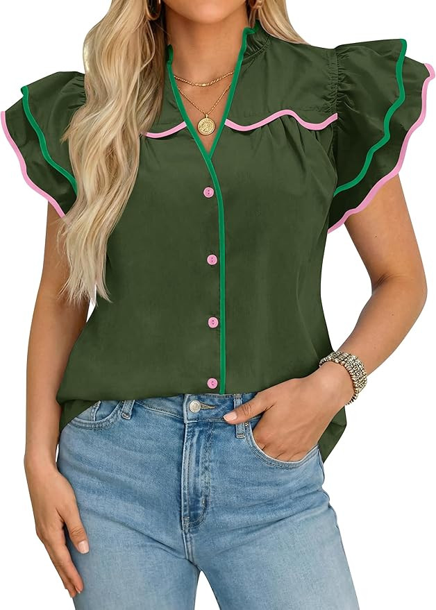 Tankaneo Womens Ruffle Short Sleeve Blouse V Neck Button Down Shirts Color Block Trendy Casual To... | Amazon (US)