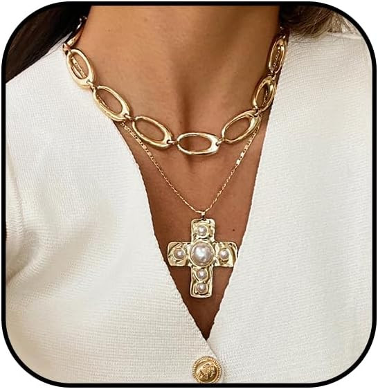 Gold Chunky Cross Necklace for Women Statement Pearl Cross Pendant Necklace Chunky Gold Layered I... | Amazon (US)