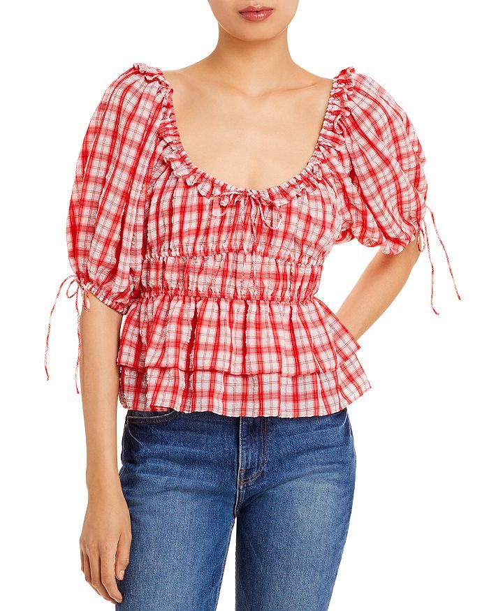 Square Neck Puff Sleeve Plaid Top | Bloomingdale's (US)