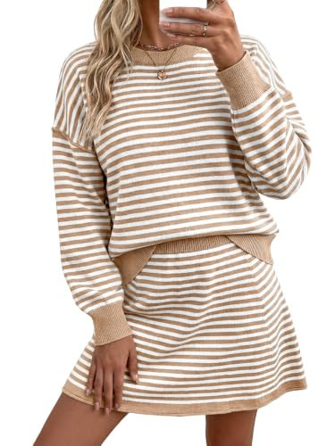 Tankaneo Women 2 Piece Striped Sweater Skirt Set Fall Outfits Matching Sets | Amazon (US)