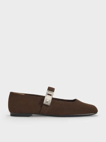 Lando Faux Suede Metallic-Buckle Mary Jane Flats
    
         - Dark Brown Textured | Charles & Keith UK