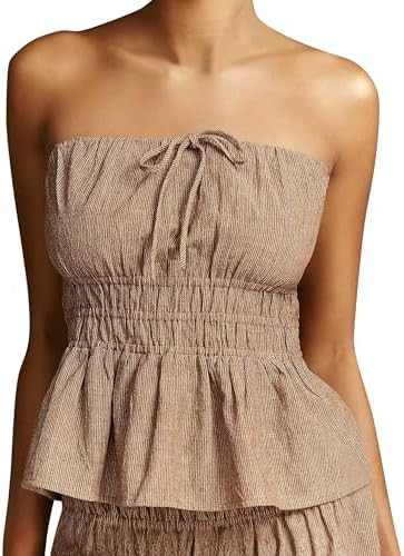 Women Strapless Peplum Tube Top Cute Sleeveless Backless Smocked Ruffle Hem Bandeau Tops Slim Fit... | Amazon (US)