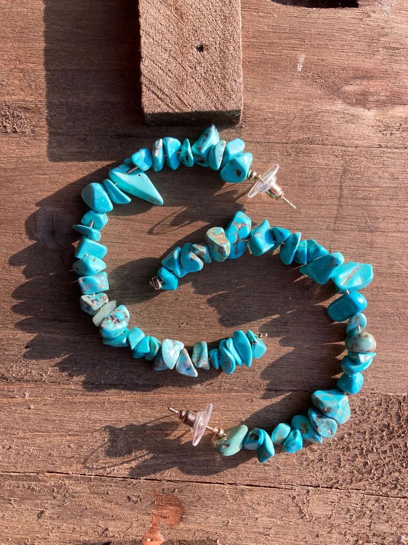 2 Inch Turquoise Stone Lightweight Hoop Earrings, Turquoise Earrings, Turquoise Stone Hoops, Ston... | Etsy (US)