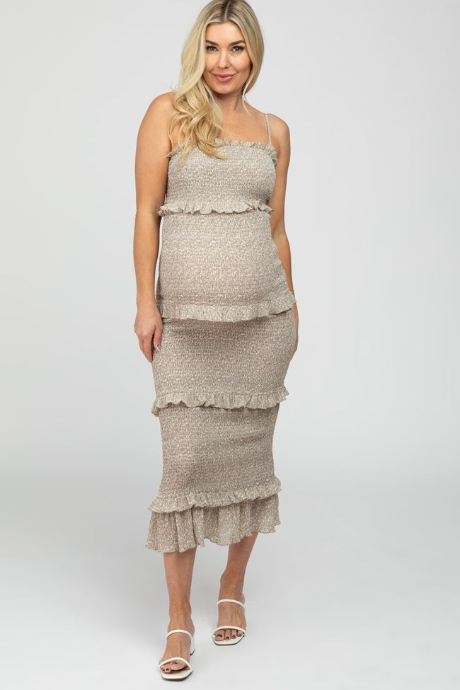 Taupe Leaf Print Smocked Fitted Maternity Midi Dress | PinkBlush Maternity