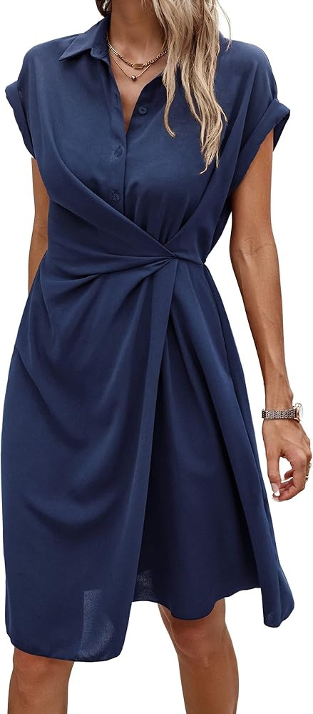 ECOWISH Womens Casual Midi Dresses Solid V Neck Short Sleeve Button Shirt Belted Dress with Pocke... | Amazon (US)