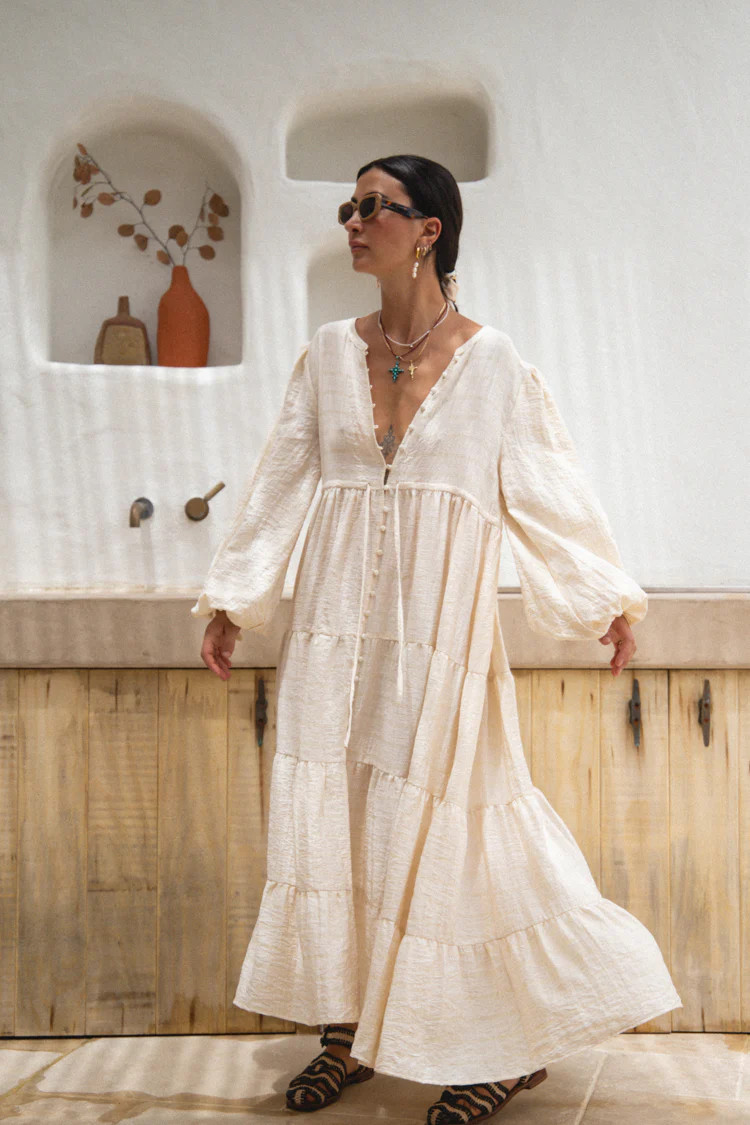 Dreaming Of Travel Midi Dress Natural | VRG Grl