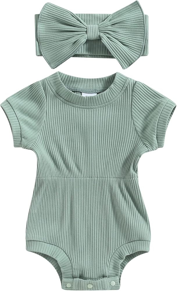 Newborn Baby Boy Girl Knitted Sweater Romper Solid Short Sleeve Bodysuit Top with Headband Casual... | Amazon (US)