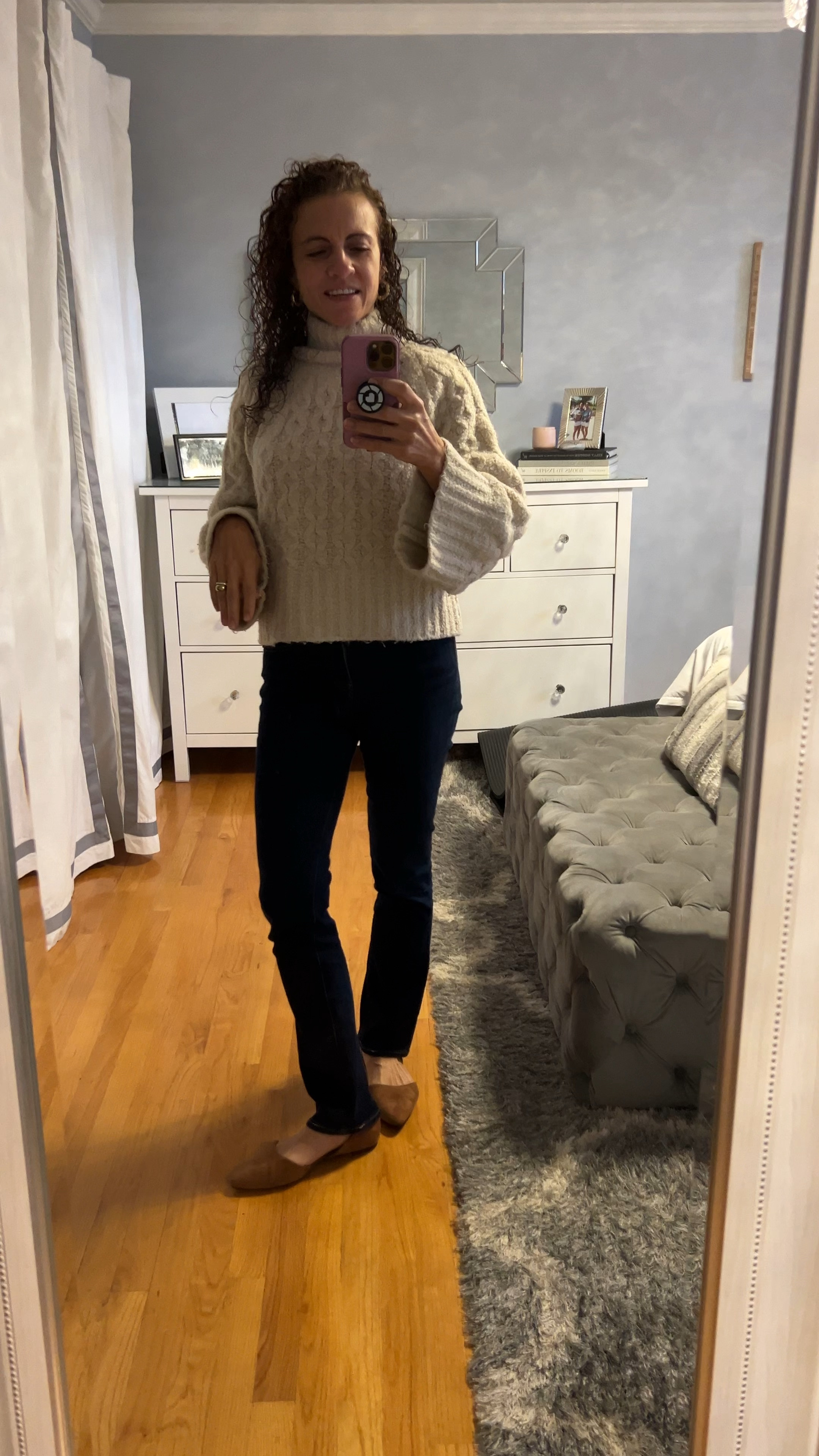OOTD timeless fall outfit. Ivory mock neck sweater with wide sleeves, cami tank, dark blue jeans and camel suede ballet flats. Gold jewelry work outfit

#LTKWorkwear #LTKVideo #LTKStyleTip