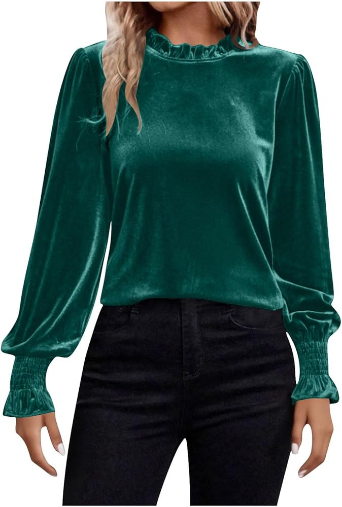 Women's Frill Mock Neck Puff Long Sleeve Tee Velvet T Shirts Tops Solid Color Dressy Casual Fall ... | Amazon (US)