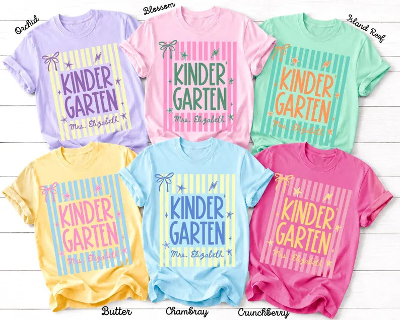 Custom Kindergarten Teacher Shirt, Stripes Kinder Garten Crew Shirt, Teacher Team Shirt, Back To ... | Etsy (Global)