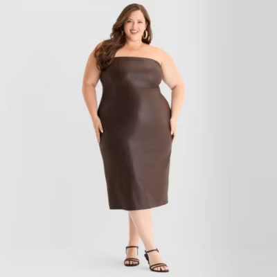 Ashley Graham Womens Plus Sleeveless Midi Faux Leather Sheath Dress | JCPenney