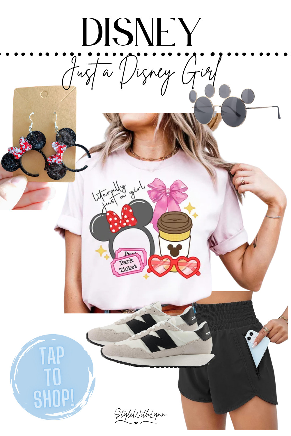 ✨ JUST A DISNEY GIRL ✨
Your next park day must-have look is here! Whether you're headed to Magic Kingdom or just channeling Minnie Mouse vibes at home, this fun and comfy outfit is perfect for any Disney lover. 💗🖤

👚 Graphic Tee: Cute, soft, and totally magical with park ticket, Minnie bow, and Mickey coffee cup artwork.
🖤 Minnie Earrings: Lightweight + glittery = the perfect accessory!
🕶️ Mickey Sunnies: Round retro shades with the iconic mouse ears—YES, please!
👟 Neutral Sneakers: Walk all day in these ultra-comfy New Balance classics.
🩳 High-Waisted Shorts: With pockets big enough for your phone—park day approved!

📲 Tap to shop the full look now and save it to your Disney outfit inspo board! 💫
#DisneyStyle #DisneyOutfit #DisneyParks #LTKStyle #LTKTravel #DisneyVibes #JustADisneyGirl #MagicKingdomStyle #LTKfit #ParkDayLook #StyleWithLynn 

 