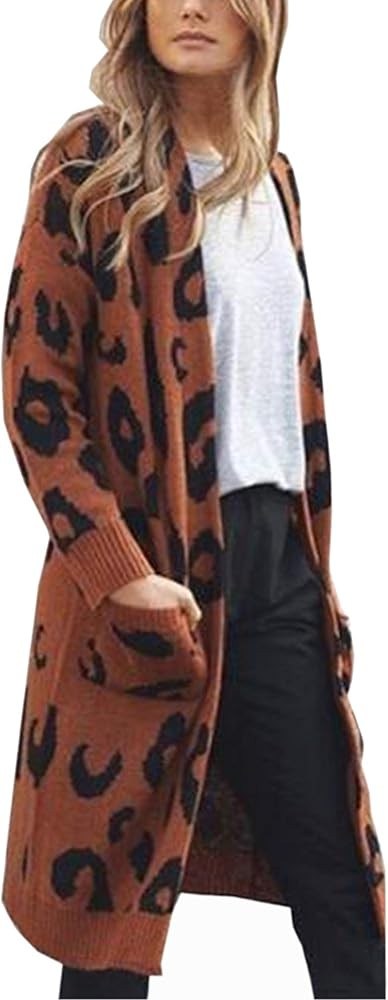 Angashion Women's Long Sleeves Leopard Print Knitting Cardigan Open Front Warm Sweater Outwear Coats | Amazon (US)