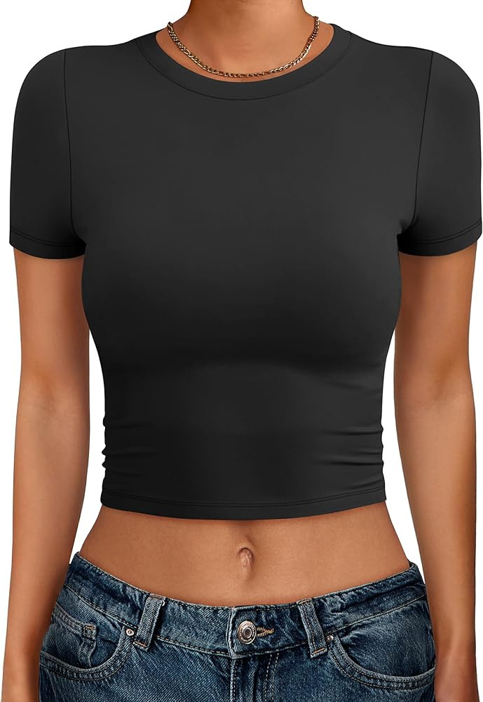 ANRABESS Womens Basic Tee Summer Outfits Crewneck Short Sleeve Crop Tops Slim Fitted T Shirts Y2k... | Amazon (US)