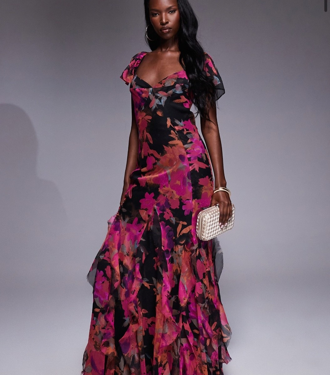 ASOS DESIGN flutter sleeve maxi dress with ruffle godets in dark floral print

#LTKSeasonal #LTKWedding #LTKautumn