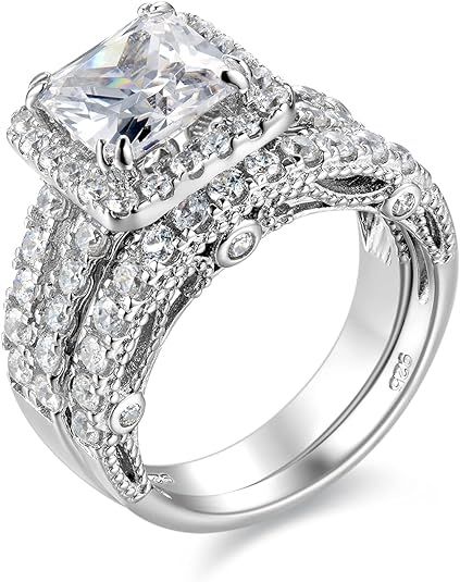 Wuziwen 4Ct Engagement Ring for Women Sterling Silver Cubic Zirconia Wedding Band Bridal Set | Amazon (US)