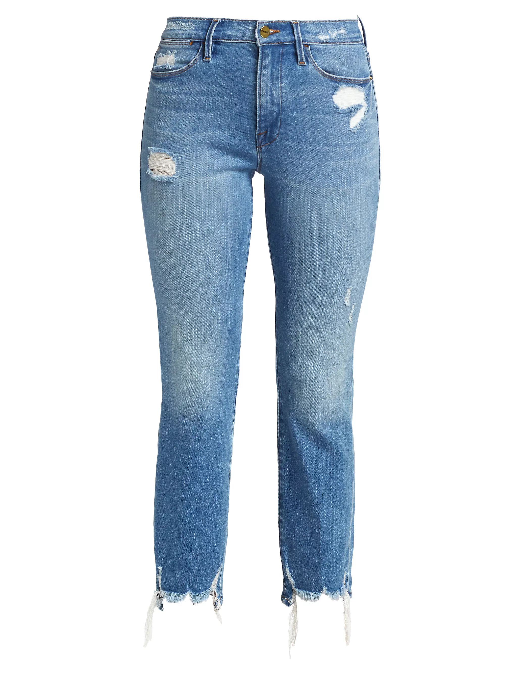 Le High High-Rise Distressed Stretch Straight-Leg Jeans | Saks Fifth Avenue