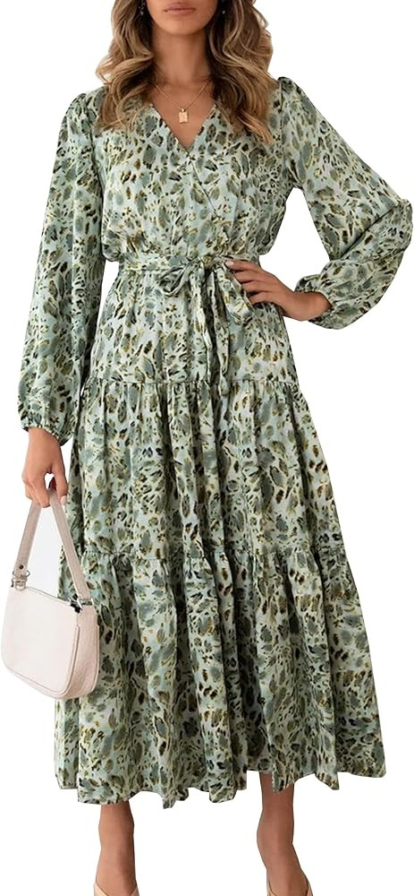 Theenkoln Women’s Wrap V Neck Belted Waist Flowy Solid Color Short Sleeve Pleated Maxi Dress | Amazon (US)