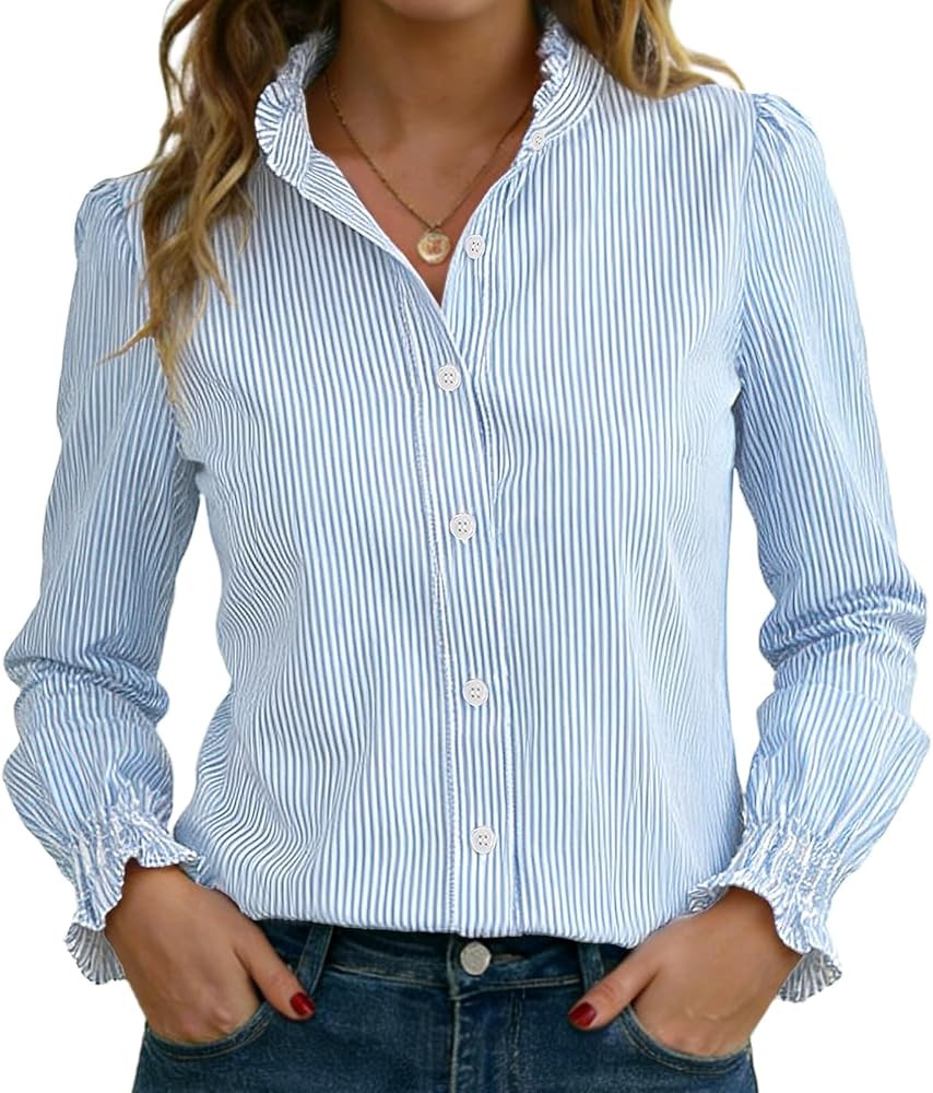 Funlingo Women's Striped Button Down Shirts Long Sleeve Smocked Cuffed Ruffle Collar Blouses Spri... | Amazon (US)
