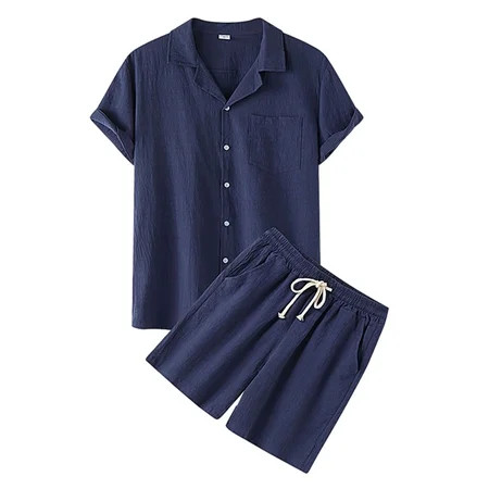 MAWCLOS Two Piece Outfit for Men Short Sleeve Lapel Tee Shirts Elastic Waist Drawstring Short Pants  | Walmart (US)