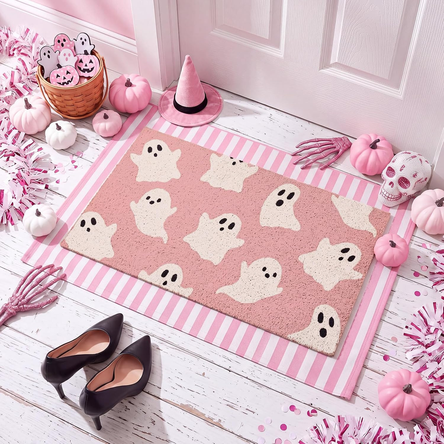 Honoson 2 Pcs Pink Ghost Halloween Doormat Set, Coir Striped Layer Rug | Amazon (US)