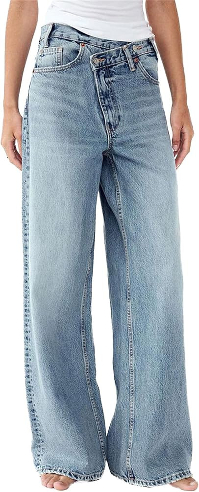 Owl's-Yard Women's Y2k Mid Rise Washed Baggy Jeans Crossover Wide Leg Loose Boyfriend Denim Pants... | Amazon (US)