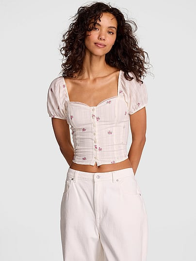 Puﬀ-Sleeve Corset Top, Floral, S - Women's Tops - PINK | Victoria's Secret (US / CA )