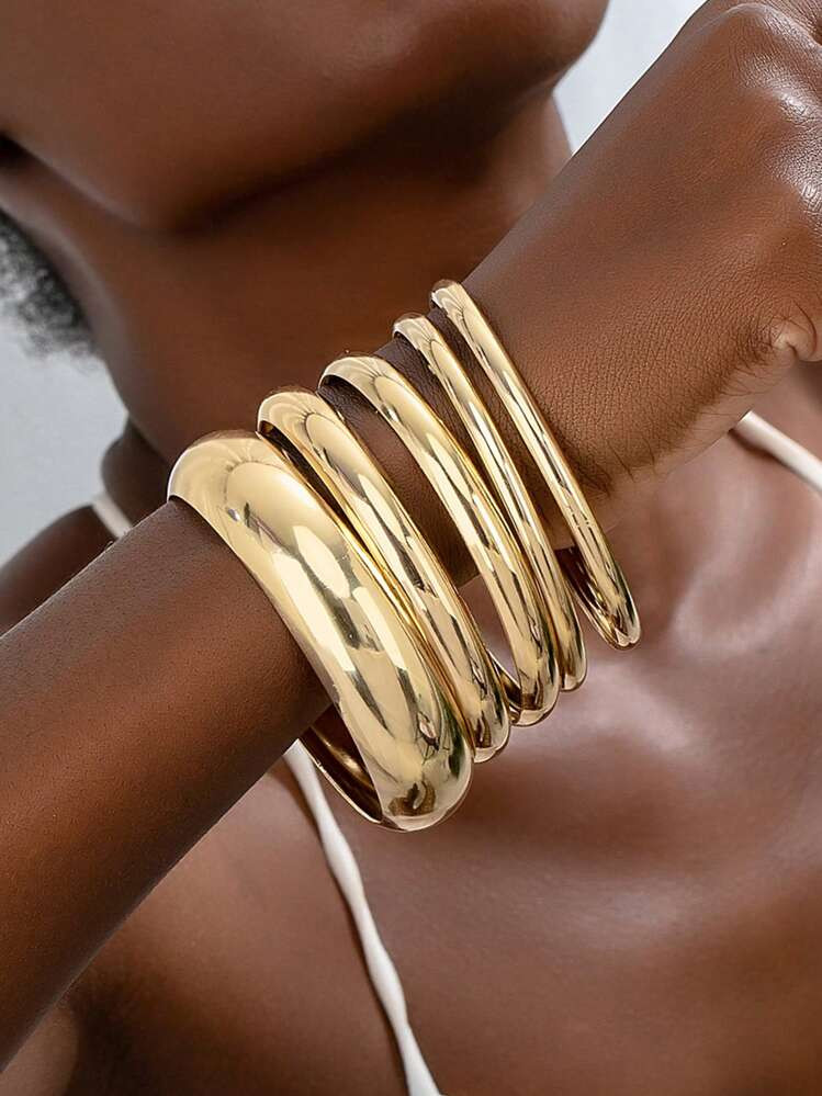 5 Pcs American European Minimalist Golden Color Multi Stacked Chunky Cuff Bangles Bracelets Set F... | SHEIN