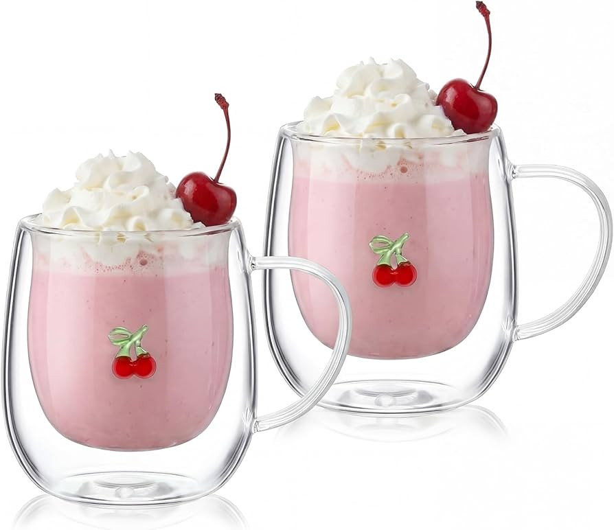 Baderke 2 Pcs Cherry Icon Glass Mug Set 12 oz Old Fashioned Icon Coffee Mugs Fruit Clear Double C... | Amazon (US)