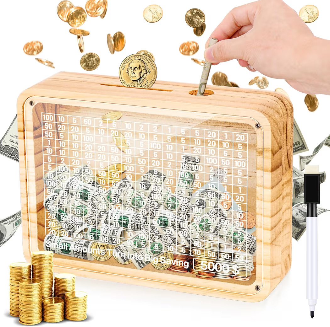 Cash Vault Wooden Savings Box, 5000 Savings Challenge Box Wood Cash Box Kakeibo Money Saving Box,... | Amazon (US)