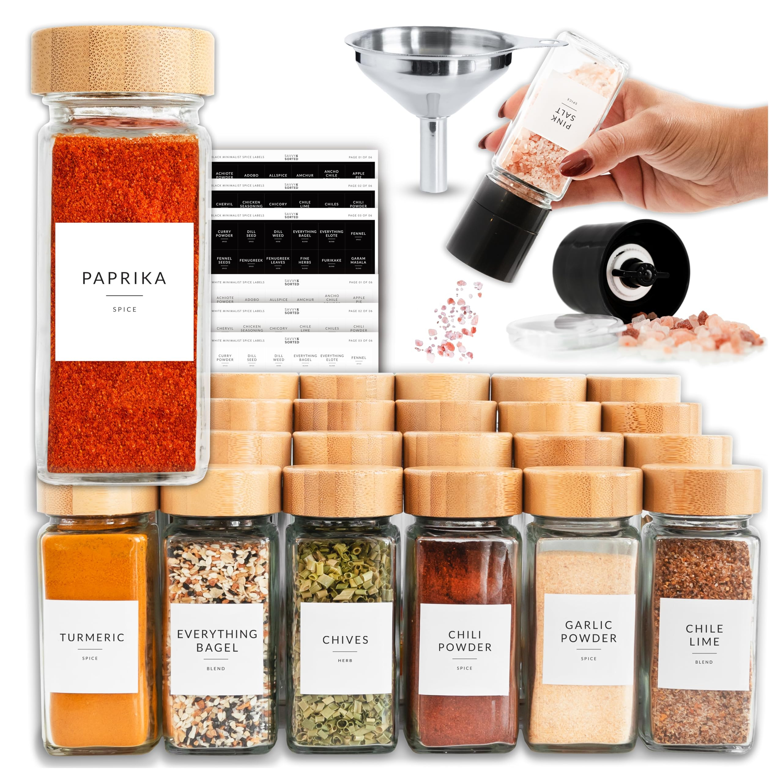 SAVVY & SORTED Glass Spice Jars with Label, 24PK Bamboo Jar Spices Set 4oz, 374 Spice Labels, Pep... | Amazon (US)