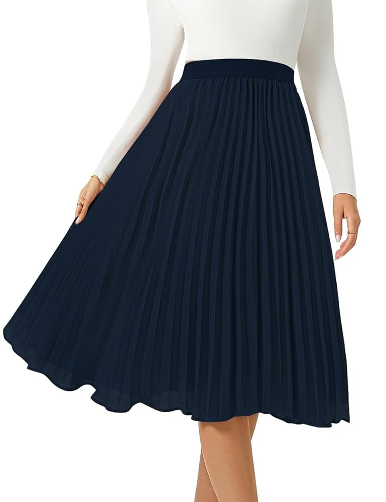 Women's Midi Skirt Elastic High Waist Pleated Skirt Knee Length Swing A-Line Casual Flowy Skirts ... | Amazon (US)