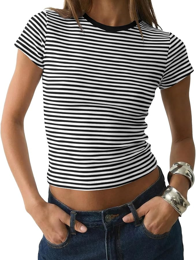 BAIGRAM Women Preppy Striped Short Sleeve Crop Tshirt Tops Y2K Aesthetic Crewneck Slim Fit Baby T... | Amazon (US)