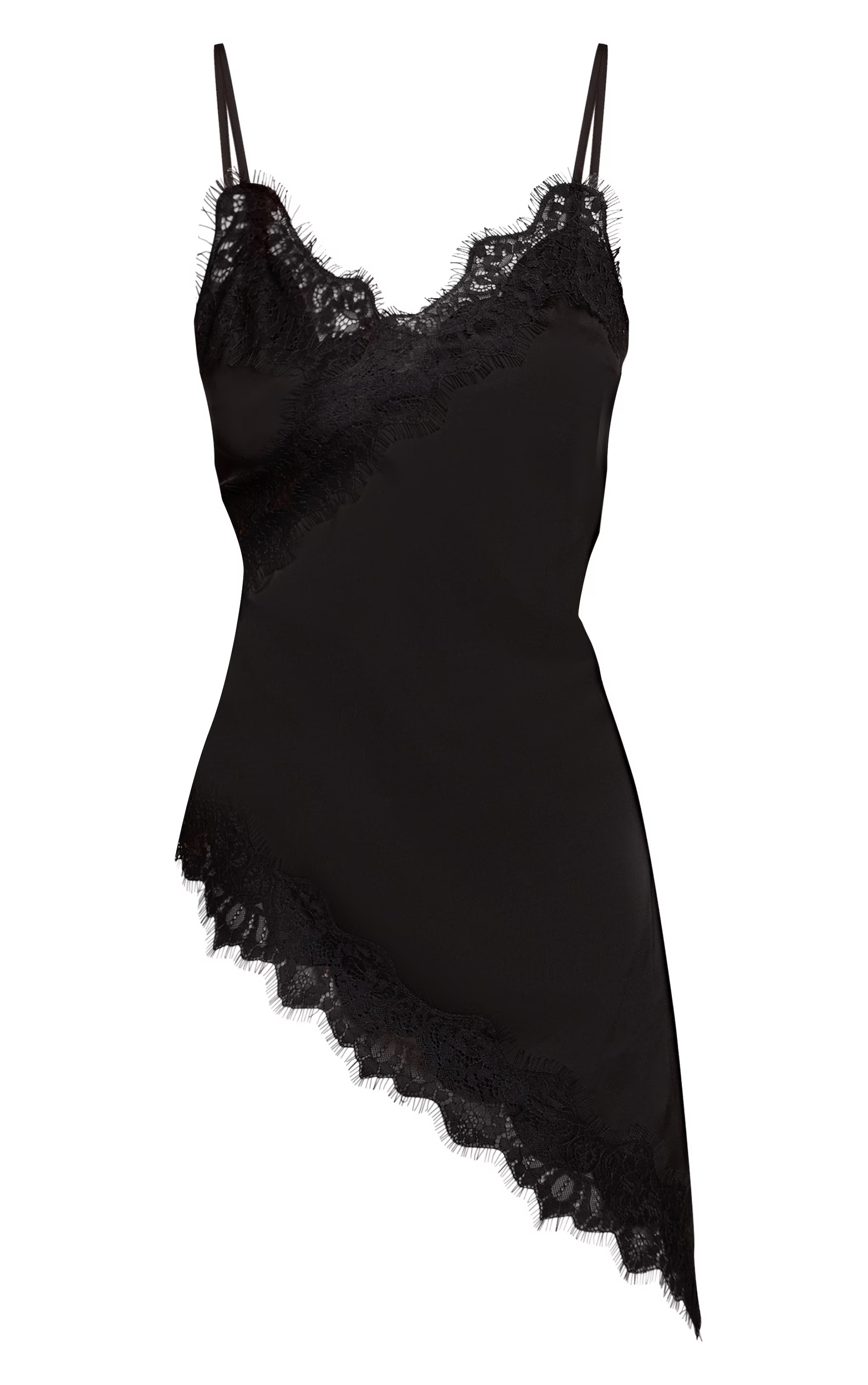 Black Satin Lace Detail Asymmetric Long Top | Tops | PrettyLittleThing US