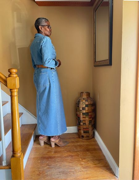 I love everything about this denim dress and it’s TTS
Universal Thread long-sleeve denim shirtdress
Cotton-blend fabric with a bit of  spandex
Front snap closure
Flap chest and side pockets
Comes with front slit
Maxi length

#LTKfindsunder50 #LTKworkwear #LTKstyletip