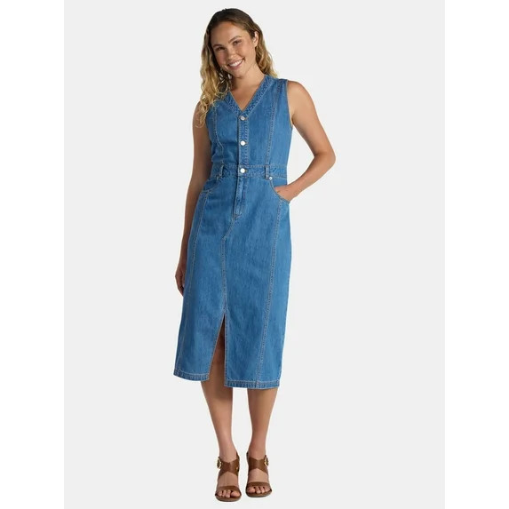 Time and Tru Women’s Sleeveless Midi Denim Shirt Dress, XS-3XL - Walmart.com | Walmart (US)