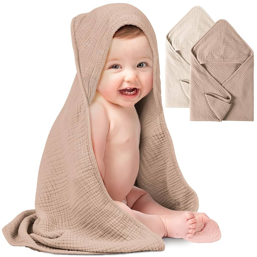 Konssy 2-Pack Muslin Hooded Baby Towels, 100% Cotton, Ultra-Soft & Absorbent Baby Bath Towels wit... | Amazon (US)